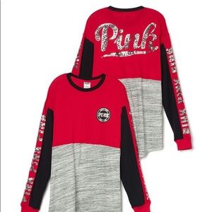 Love Pink varsity, sleeve red, gray sequin shirt
